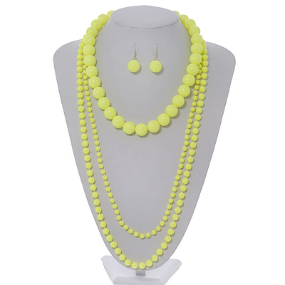 3-Piece Neon Yellow Acrylic Necklace & Drop Earrings Set - 102cm Length - main view