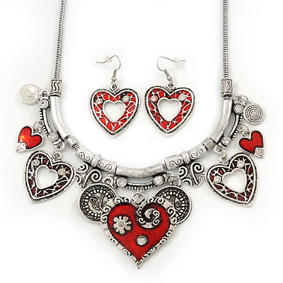 Burn Silver Hammered Charm ' Red Heart' Necklace & Drop Earrings Set - 38cm Length/6cm Extension - main view