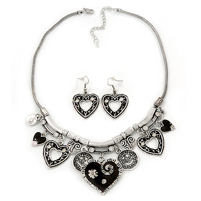 Burn Silver Hammered Charm ' Black Heart' Necklace & Drop Earrings Set - 38cm Length/6cm Extension - main view