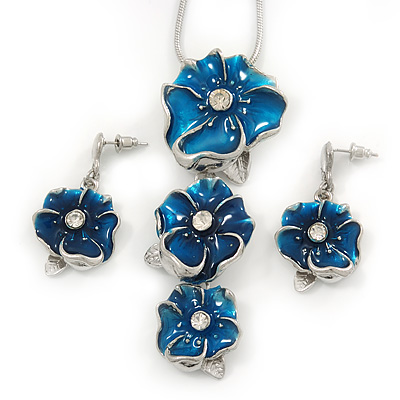 'Triple Flower' Teal Blue Enamel Diamante Necklace & Drop Earrings Set In Rhodium Plated Metal - 38cm Length (6cm extender) - main view