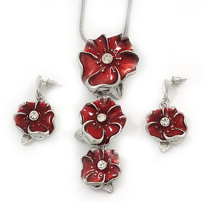 'Triple Flower' Red Enamel Diamante Necklace & Drop Earrings Set In Rhodium Plated Metal - 38cm Length (6cm extender)