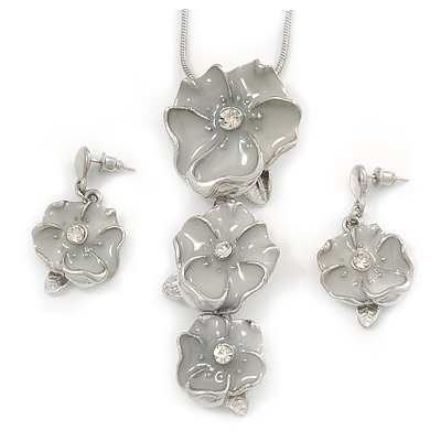 'Triple Flower' Milky White Enamel Diamante Necklace & Drop Earrings Set In Rhodium Plated Metal - 38cm Length (6cm extender) - main view