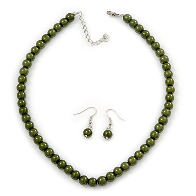 Olive Green Glass Bead Necklace & Drop Earring Set In Silver Metal - 38cm Length/ 4cm Extension - main view
