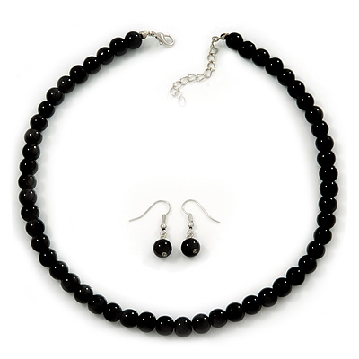 Black Glass Bead Necklace & Drop Earring Set In Silver Metal - 38cm Length/ 4cm Extension