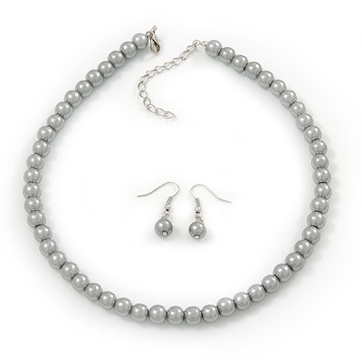 Light Grey Glass Bead Necklace & Drop Earring Set In Silver Metal - 38cm Length/ 4cm Extension - main view