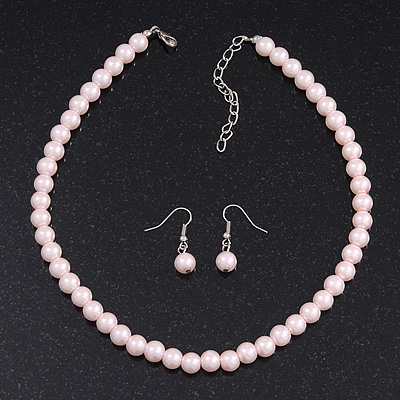 Pale Pink Glass Bead Necklace & Drop Earring Set In Silver Metal - 38cm Length/ 4cm Extension