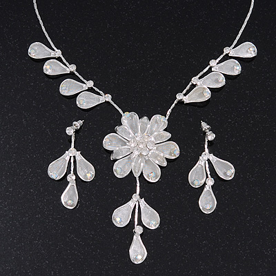 Delicate Bridal Diamante Leaf&Flower Mesh 'Y'-Necklace & Drop Earrings Set In Silver Plating - 38cm Length/ 5cm Extension