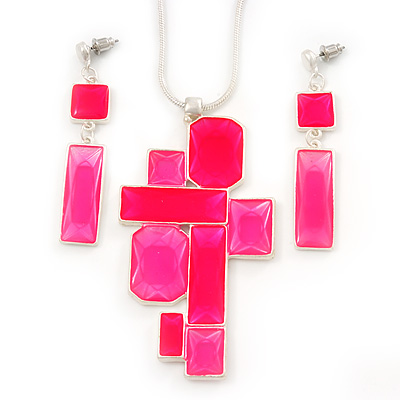 Hot Pink 'Summer Shapes' Necklace & Drop Earrings Set In Matte Silver Plating - 40cm Length/ 7cm Extension - main view