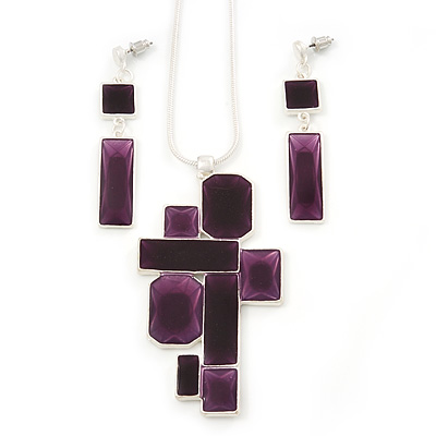 Grape Soda Purple 'Summer Shapes' Necklace & Drop Earrings Set In Matte Silver Plating - 40cm Length/ 7cm Extension