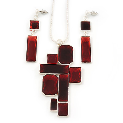 Cherry Red 'Summer Shapes' Necklace & Drop Earrings Set In Matte Silver Plating - 40cm Length/ 7cm Extension - main view