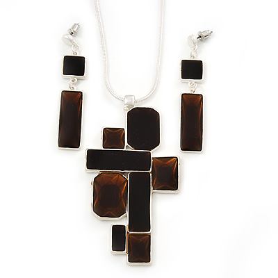 Dark Brown 'Summer Shapes' Necklace & Drop Earrings Set In Matte Silver Plating - 40cm Length/ 7cm Extension