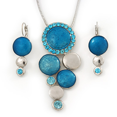 Rhodium Plated Aqua Blue Enamel, Crystal 'Multi Circle' Pendant & Drop Earrings Set - 38cm Length/ 5cm Extension - main view