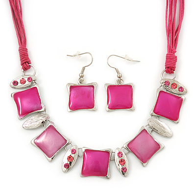 Pink Enamel Square Station Cotton Cords Necklace & Drop Earrings In Rhodium Plating Set - 36cm Length/ 6cm Extension - main view