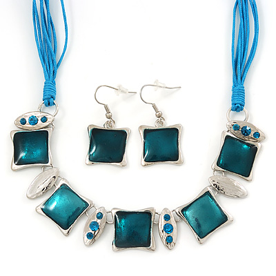 Teal Enamel Square Station Cotton Cords Necklace & Drop Earrings In Rhodium Plating Set - 36cm Length/ 6cm Extension - main view