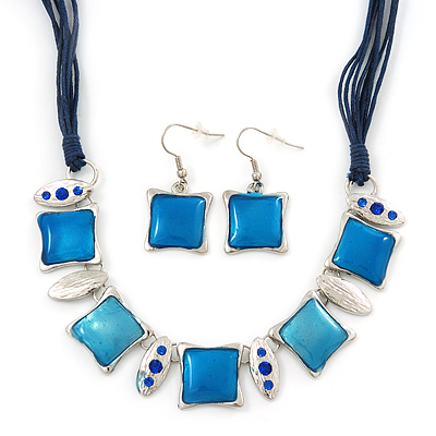 Light Blue Enamel Square Station Cotton Cords Necklace & Drop Earrings In Rhodium Plating Set - 36cm Length/ 6cm Extension - main view