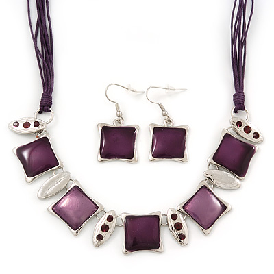 Deep Purple Enamel Square Station Cotton Cords Necklace & Drop Earrings In Rhodium Plating Set - 36cm Length/ 6cm Extension - main view