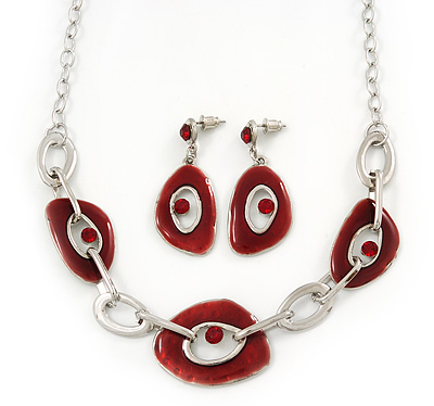 Dark Red Enamel Oval Geometric Chain Necklace & Drop Earrings Set In Rhodium Plating - 38cm Length/ 6cm Extension - main view