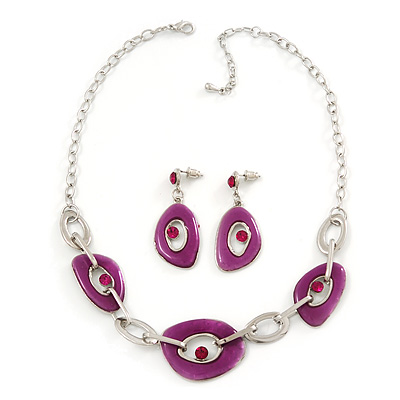 Fuchsia Enamel Oval Geometric Chain Necklace & Drop Earrings Set In Rhodium Plating - 38cm Length/ 6cm Extension - main view