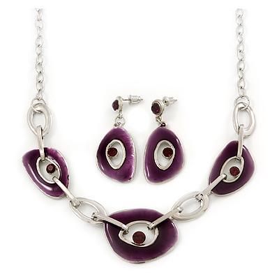 Purple Enamel Oval Geometric Chain Necklace & Drop Earrings Set In Rhodium Plating - 38cm Length/ 6cm Extension - main view