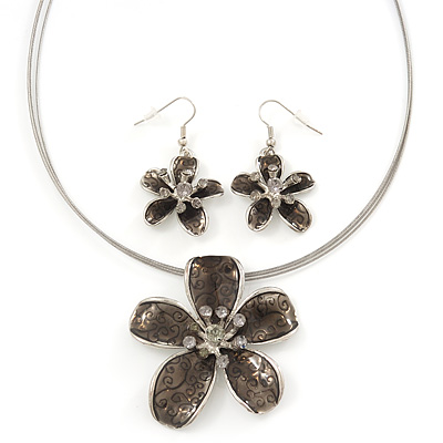 Grey Enamel Diamante 'Flower' Wire Necklace & Drop Earrings Set In Silver Plating - 38cm Length/ 5cm Extension - main view