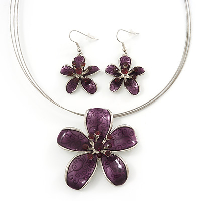 Purple Enamel Diamante 'Flower' Wire Necklace & Drop Earrings Set In Silver Plating - 38cm Length/ 5cm Extension - main view