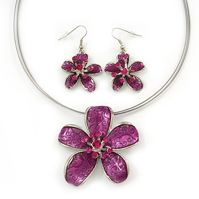 Fuchsia Enamel Diamante 'Flower' Wire Necklace & Drop Earrings Set In Silver Plating - 38cm Length/ 5cm Extension - main view