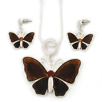 Brown Glass 'Butterfly' Necklace & Drop Earrings Set In Silver Tone - 38cm Length/ 5cm Extension - main view