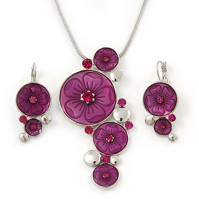 Magenta 'Floral Circles' Pendant Necklace & Drop Earrings Set In Rhodium Plating - 36cm Length/ 6cm Extension - main view