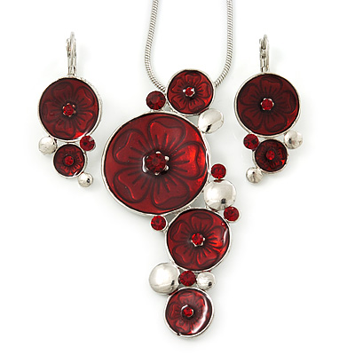 Burgundy Enamel 'Floral Circles' Pendant With Silver Tone Snake Chain & Drop Earrings Set - 36cm Length/ 6cm Extension - main view
