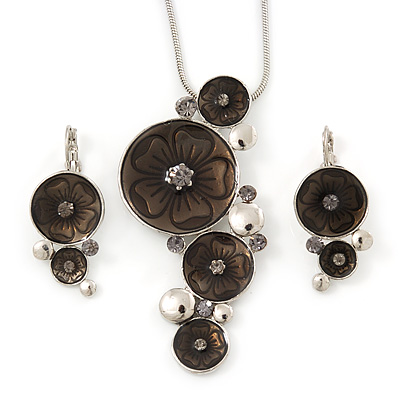 Slate Grey Enamel 'Floral Circles' Pendant With Silver Tone Snake Chain & Drop Earrings Set - 36cm Length/ 6cm Extension - main view