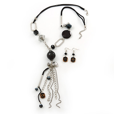 Long Black Resin Nugget Tassel Necklace and Earring Set In Silver Tone - 64cm Length (5cm extension) - main view
