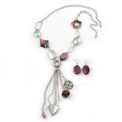 Long Purple Resin Nugget Tassel Necklace and Earring Set In Silver Tone - 78cm Length (5cm extension) - main view