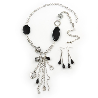 Long Black Acrylic Nugget Tassel Necklace and Earring Set In Silver Tone - 70cm Length (5cm extension)
