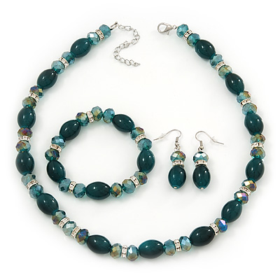 Green/Teal Glass/Crystal Bead Necklace, Flex Bracelet & Drop Earrings Set In Silver Plating - 44cm Length/ 5cm Extension - main view
