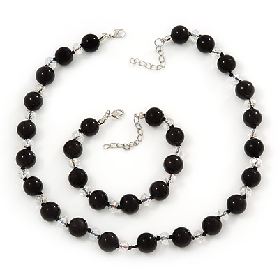 Black/Transparent Simulated Glass Pearl Necklace & Bracelet Set In Silver Plating - 38cm Length/ 4cm Extension - main view