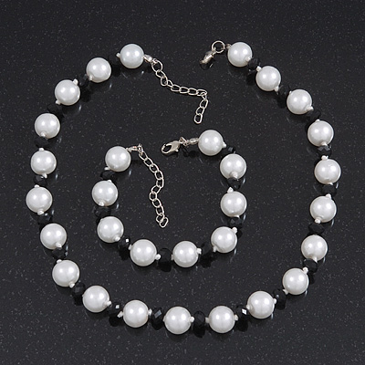 White/Black Simulated Glass Pearl Necklace & Bracelet Set In Silver Plating - 38cm Length/ 4cm Extension - main view
