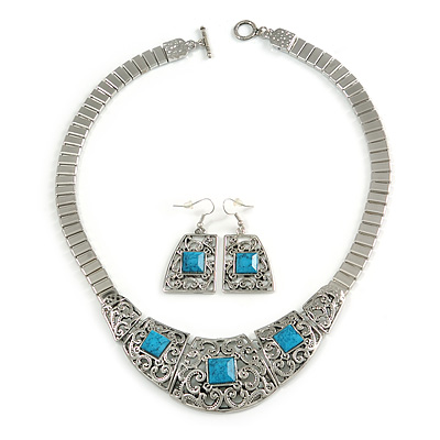 Ethnic Silver Tone Filigree, Turquoise Stone Necklace With T-Bar Closure & Drop Earrings Set - 40cm Length - main view