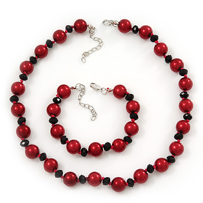 Red/Black Glass Pearl Necklace & Bracelet Set In Silver Plating - 38cm Length/ 4cm Extension - main view