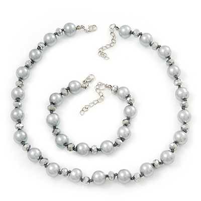Light Grey/ Metallic Grey Simulated Glass Pearl Necklace & Bracelet Set In Silver Plating - 38cm Length/ 4cm Extension - main view