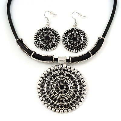 Ethnic Black Enamel Medallion Pendant Necklace On Leather Cord & Drop Earrings Set In Silver Plating - 40cm Length/ 7cm Extension - main view