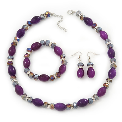Purple Glass/Crystal Bead Necklace, Flex Bracelet & Drop Earrings Set In Silver Plating - 44cm Length/ 5cm Extension - main view