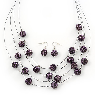 Purple/Black Animal Print Acrylic Bead Wire Necklace & Drop Earrings Set In Black Tone - 54cm Length/ 5cm Extension - main view