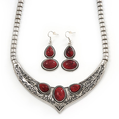 Ethnic Burn Silver Hammered, Burgundy Red Ceramic Stone Necklace With T-Bar Closure & Drop Earrings Set - 40cm Length - main view
