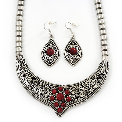 Ethnic Burn Silver Hammered, Red Ceramic Stone Necklace With T-Bar Closure & Teardrop Earrings Set - 42cm Length - main view
