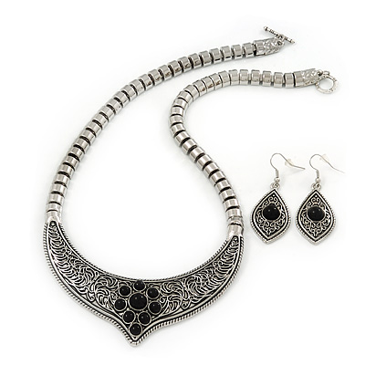 Ethnic Burn Silver Hammered, Black Ceramic Stone Necklace With T-Bar Closure & Teardrop Earrings Set - 42cm Length - main view