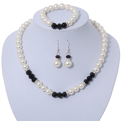 White Simulated Glass Pearl Bead Necklace, Flex Bracelet & Drop Earrings Set With Diamante Rings & Black Beads - 38cm Length/ 6cm Extension - main view