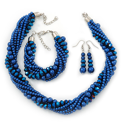 Cobalt Blue, Metallic Blue Glass Pearl Bead Multi Strand Neckace, Bracelet & Drop Earrings Set In Silver Tone - 34cm Length/ 4cm Extender - main view