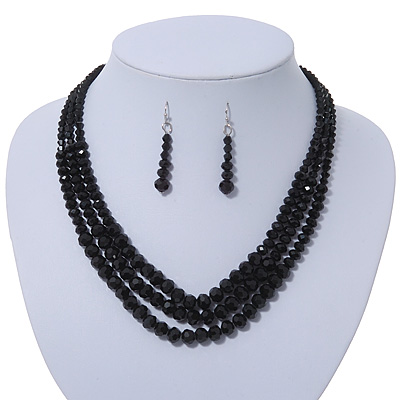 Jet Black Multistrand Faceted Glass Crystal Necklace & Drop Earrings Set In Silver Plating - 44cm Length/ 6cm Extender - main view