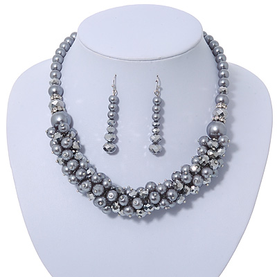 Metallic Silver/Grey Faux Pearl/ Glass Crystal Cluster Necklace & Drop Earrings Set In Silver Plating - 38cm Length/ 6cm Extender - main view