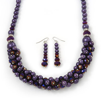 Deep Purple Faux Pearl/ Glass Crystal Cluster Necklace & Drop Earrings Set In Silver Plating - 38cm Length/ 6cm Extender - main view